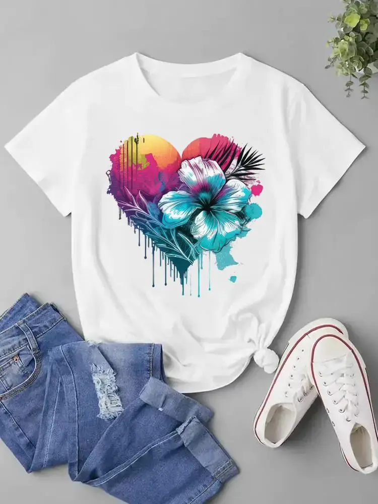 Love Heart Flower Trend Cute 90s Fashion T Shirt Short Sleeve Clothes Graphic T-shirt Women Female Print Top Ladies Clothing Tee