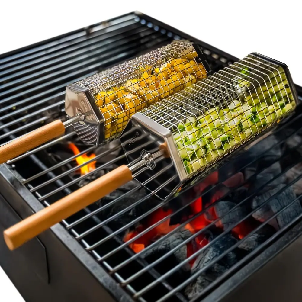 

Hexagon Rolling Grill Basket Stainless Steel Anti-scalding Barbecue Cages Removable Wooden Handle BBQ Net Rack