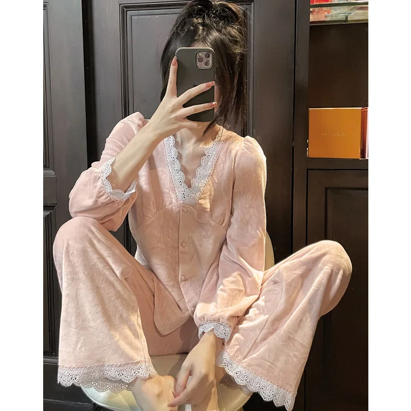 New Autumn Winter Sleepwear For Sleeping Velvet Warm Women\'s Pajamas Set Long Sleeve Nighty Women Nightwear Pijam Femme