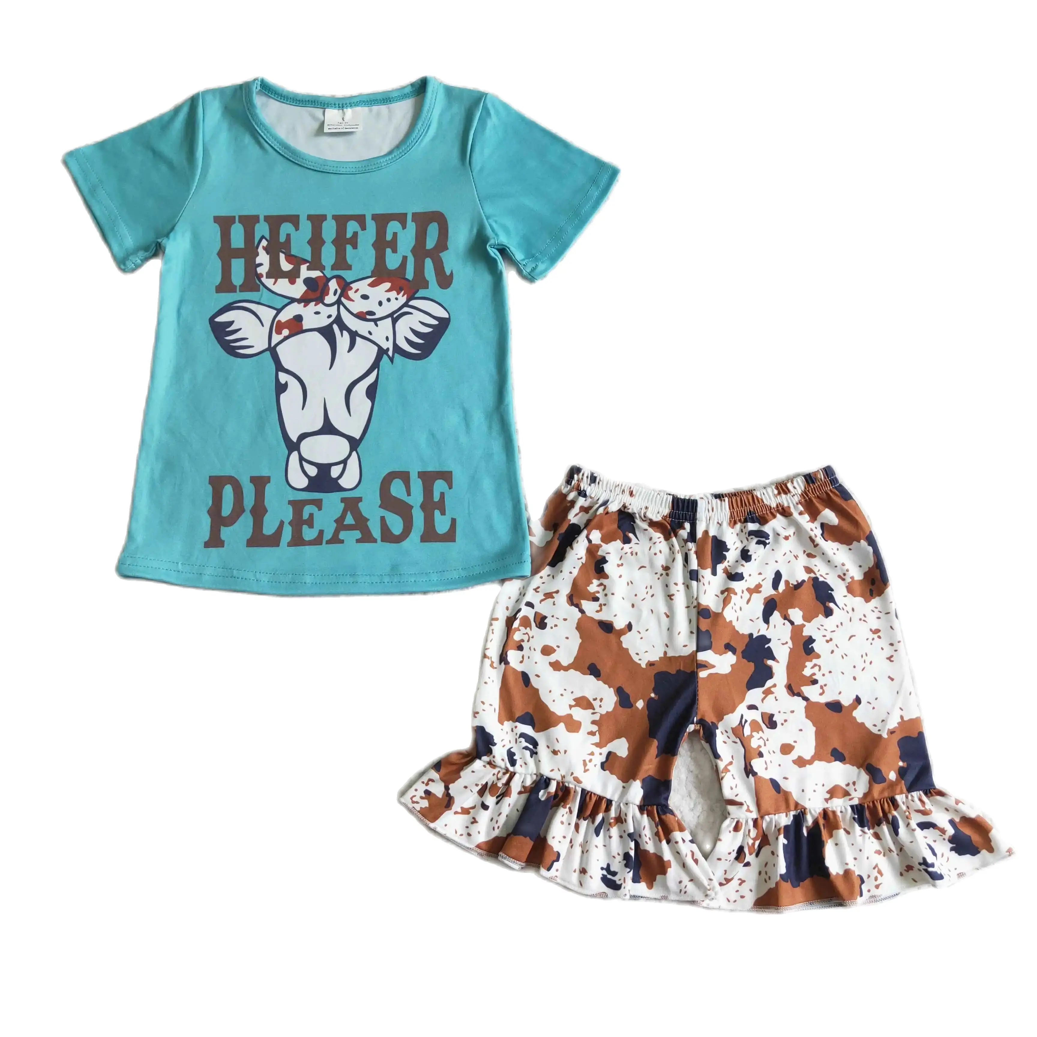 GSSO0031  Kids Girls Summer Outfit  Sets  Short  Sleeves Top  Heifer Please Ox Head Print With Shorts Children Clothes