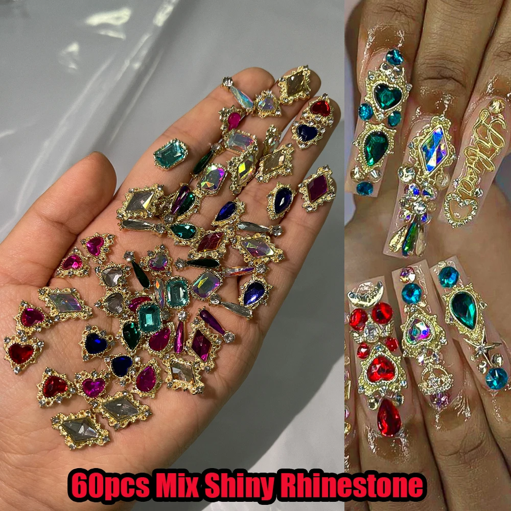 3Dクリスタルラインストーン,混合デザイン,合金宝石,アクリルネイル用チャーム,光沢のあるジュエリー,DIYアクセサリー,豪華,60個