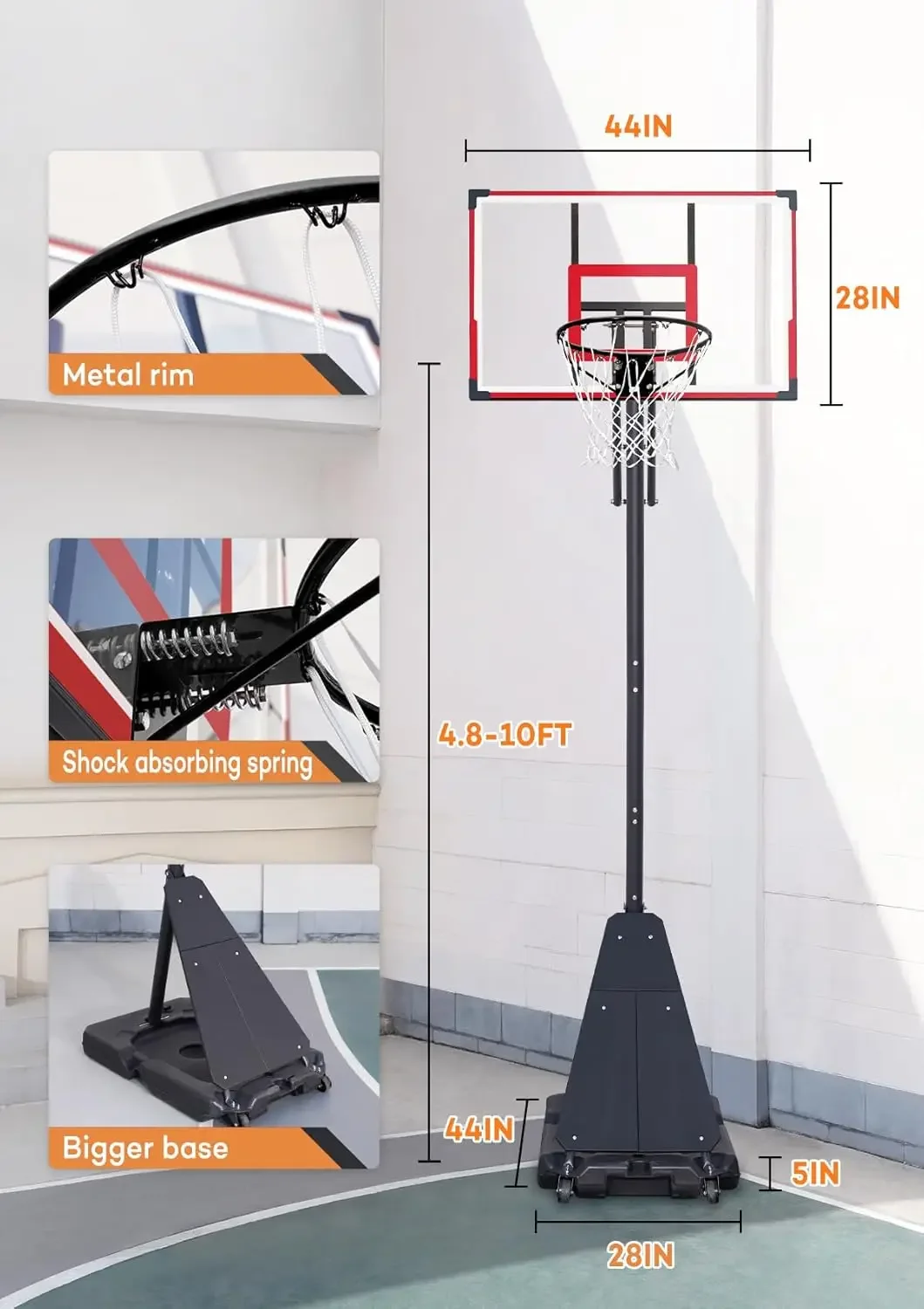 후프 야외 시스템, 비산 방지 백보드, 야외용 농구 골 시스템, 높이 조절 가능, 4.8FT-10FT, 44 인치