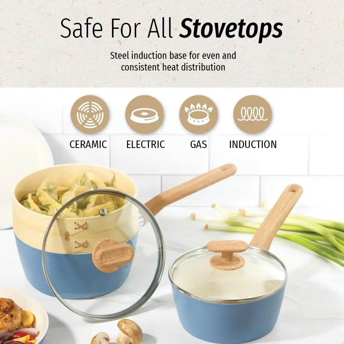 طقم أواني طهي صحية من السيراميك مكونة من 10 قطع، أزرق فاتح - أوعية، مقالي، باخرة، ملعقة وتيرنر - أواني طهي تحريضية