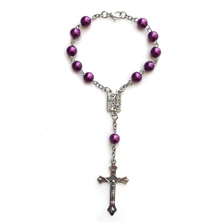 QIGO Purple Plastic Bead Cross Rosary Bracelets Car Pendant Catholic Praying Jewelry Gift
