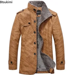 New 2026 Men's Leather Suit Jacket Slim Plus Fleece Coat Fashion Mid-long PU Leather Jacket Streetwear Men Casual Warm Outerwear