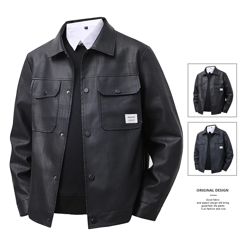

Мужская кожаная куртка с воротником-стойкой, повседневная, деловая, стандартного кроя, осенне-зимняя, для молодых мужчин, ветрозащитная, из полиэфирного волокна