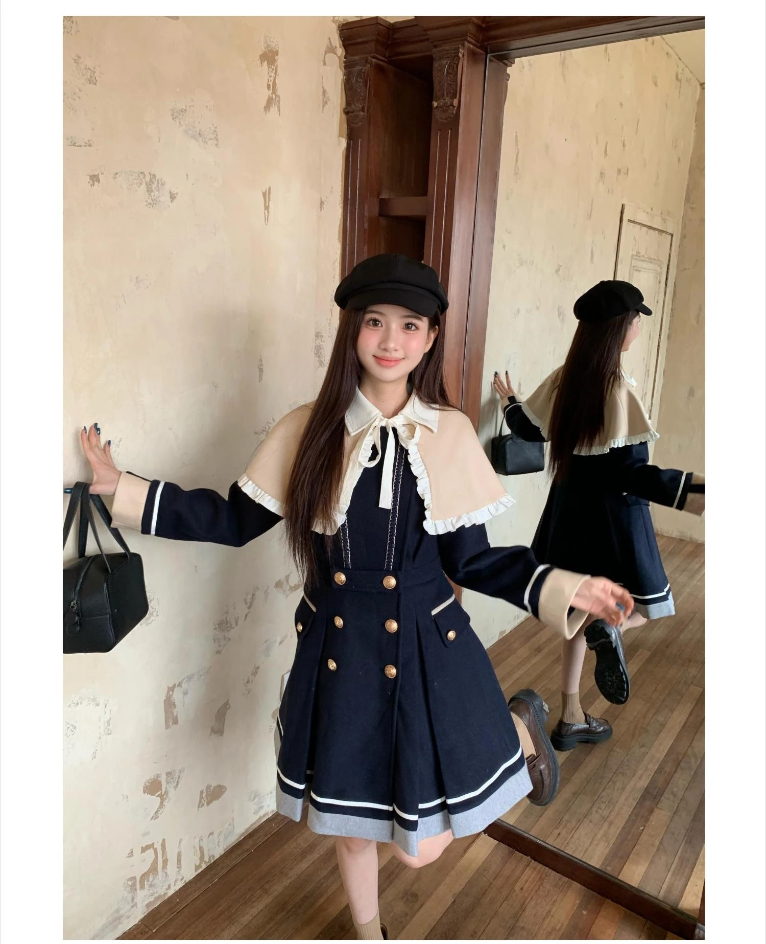 Japoński płaszcz wełniany w stylu college dla kobiet, średniej długości płaszcz wełniany na jesień i zimę, kurtki damskie.