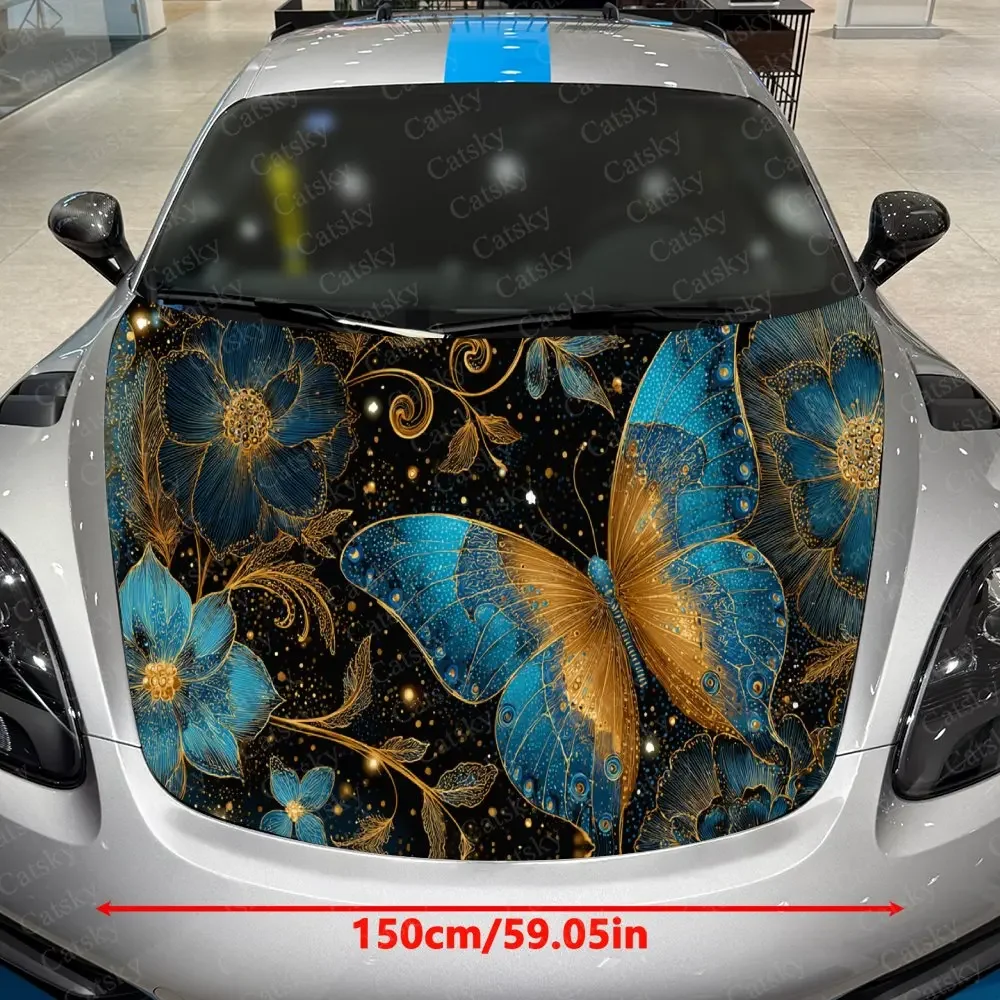 Gilded Dark Blue Butterfly & Starry Flower Cluster Car Vinyl Wrap, PVC Material Waterproof Car Hood Sticker, Self-Adhesive Scrat