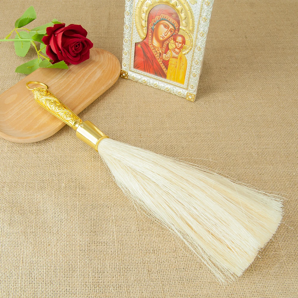 

Orthodox Holy Water Brush 15.4" Zinc Alloy Golden Ornate Design with Gem Accents Perfect for Baptism Religious Ceremonies