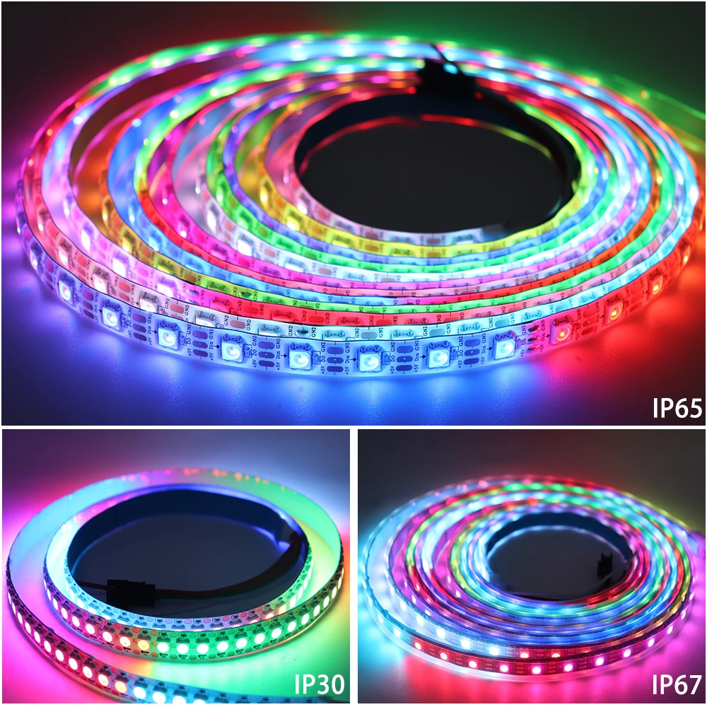 Imagem -05 - Faixa de Luz Led Rgb Inteligente Endereçável Individualmente Pcb Magic Color 30 60 144led m dc 5v Ws2812b 30 60 144led m