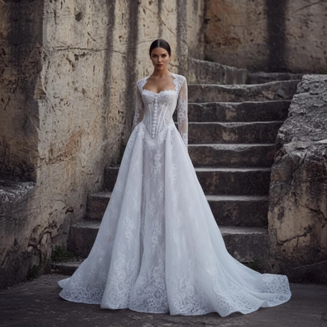 

Elegant Strapless Long Sleeve Ball Dress Vintage Transparent Lace Tight corset Bride Dress Church Train Robe Customized