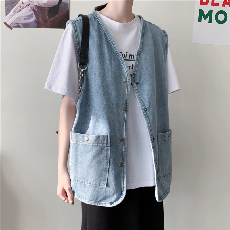 Vintage Spring Autumn Blue Denim Vest Women Leisure Plus Sized V Neck Single Breasted Sleeveless Jackets All-matched Tops S-5xl