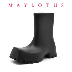 New Fashion Square Toe Thick Sole Rain Boots for Men and Women Anti-Slip Waterproof Work Wear Boots Brand Design Couple Shoes