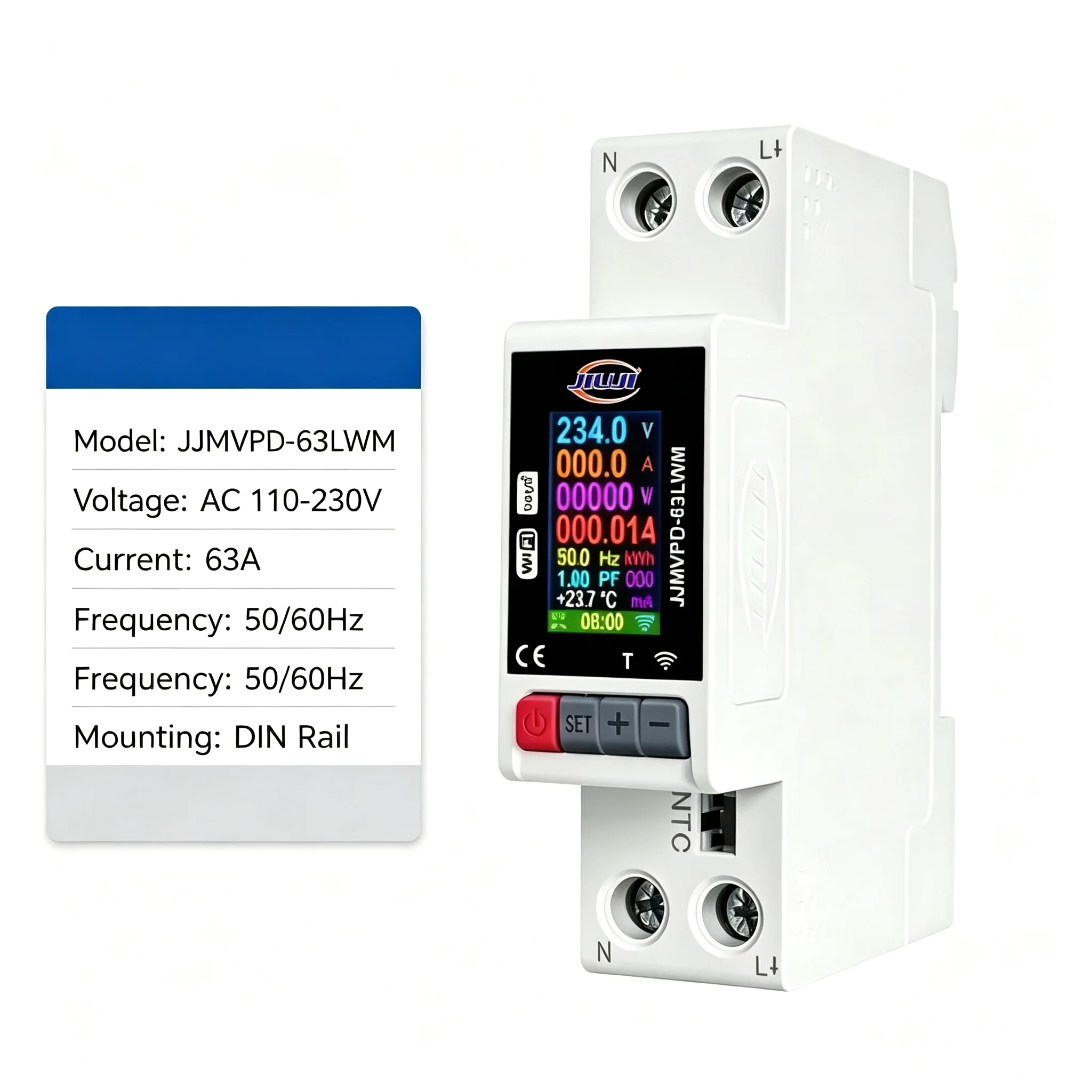 JIUJI DIN Rail WiFi Smart Circuit Breaker Tuya App LCD Energy Meter Remote Control Over‑under Voltage Protection JJMVPD‑63LWM