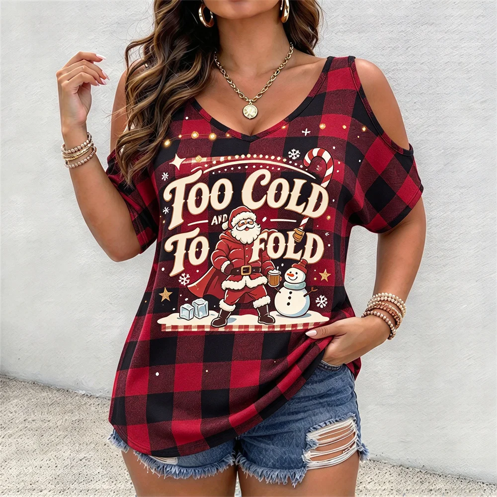 Women Funny Santa Christmas Cold Shoulder Tee Crew Neck Hollow Out Shoulder Tshirt Festive Slogan Holiday Party Outfit Xmas Gift