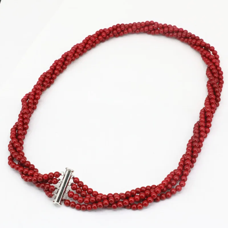 New artificial coral 4mm winding strand beads necklace red round 4 rows chain fashion party weddings gifts diy jewelry 18\