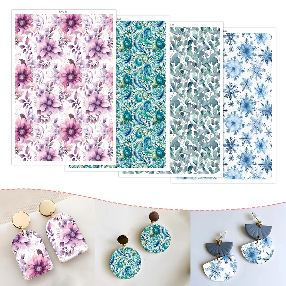 Pink & Purple Watercolor Floral,Blue & White Snowflake  Water Transfer Paper for Polymer Clay Earrings, Romantic Jewelry Making