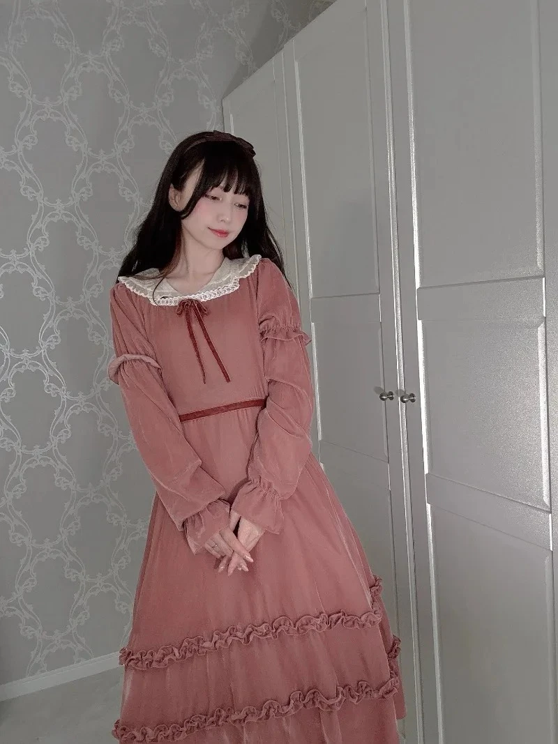 Japanese Style Original Woven Lace Collar Long Sleeve Dress Sweet Autumn New Sweet Girl High Waist Puffy Velvet Maxi Dress