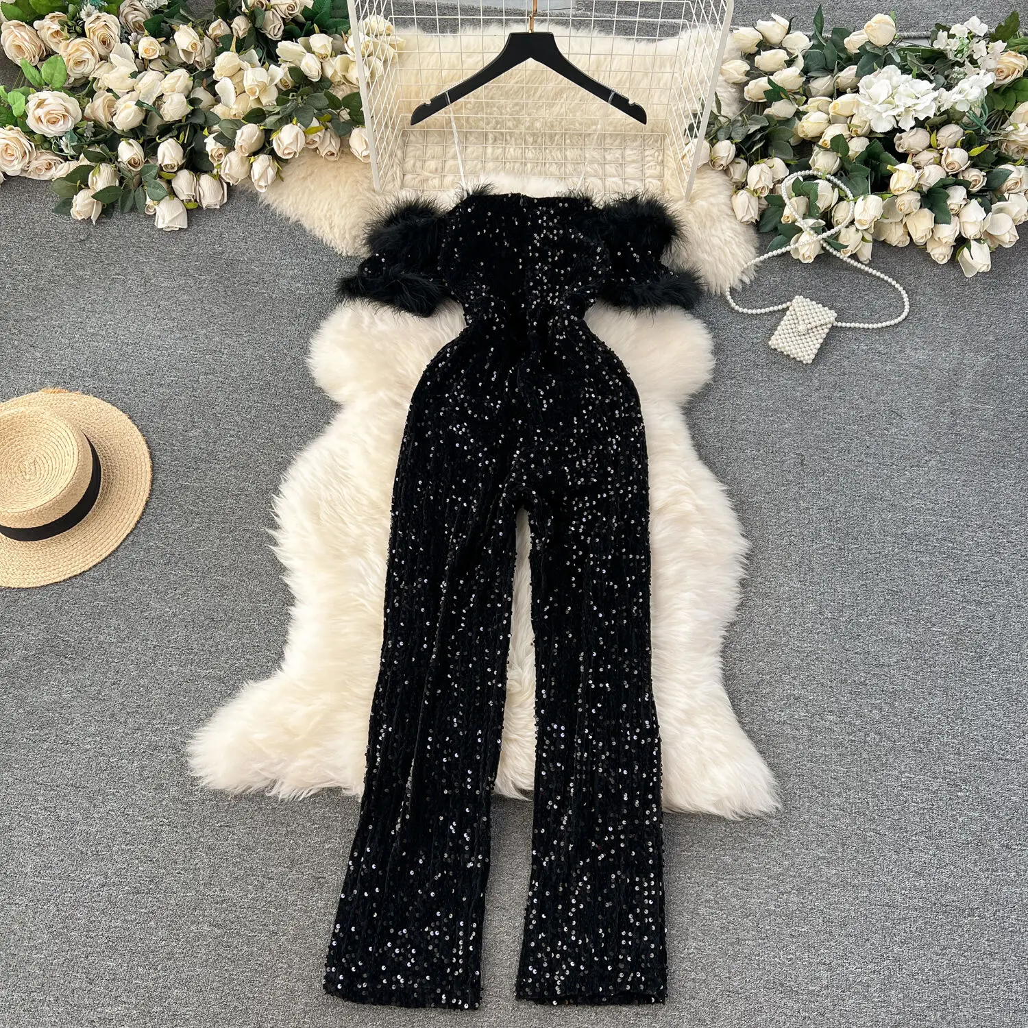 Elegant Sequined Jumpsuits Women Fashion Autumn Transparent Strap Faux Fur Hem Off Shoulder High Waist Wide Leg Velvet Rompers