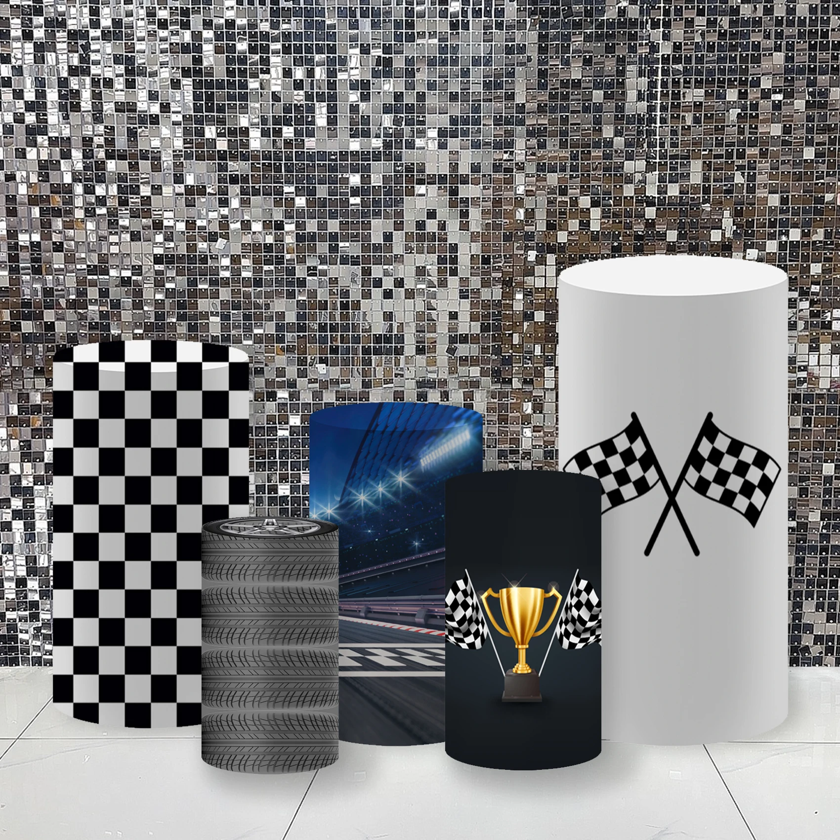 

Race Car Theme Cylinder Table Covers, Pedestal Stand Cover for Racing Party Stretchy Plinth Cove Birthday Tablecloth Decor Props