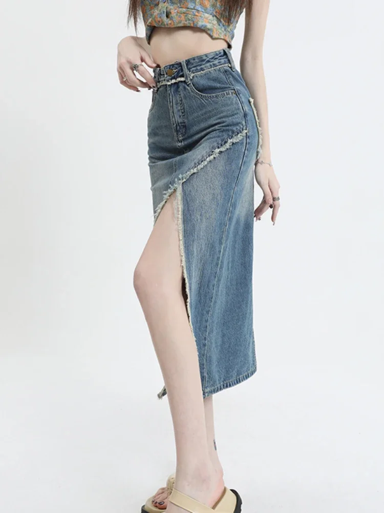 Asymmetrical Skirts Women Frayed Summer Hotsweet European Style Retro Denim Mid-calf Bleached All-match Streetwear Chic Faldas