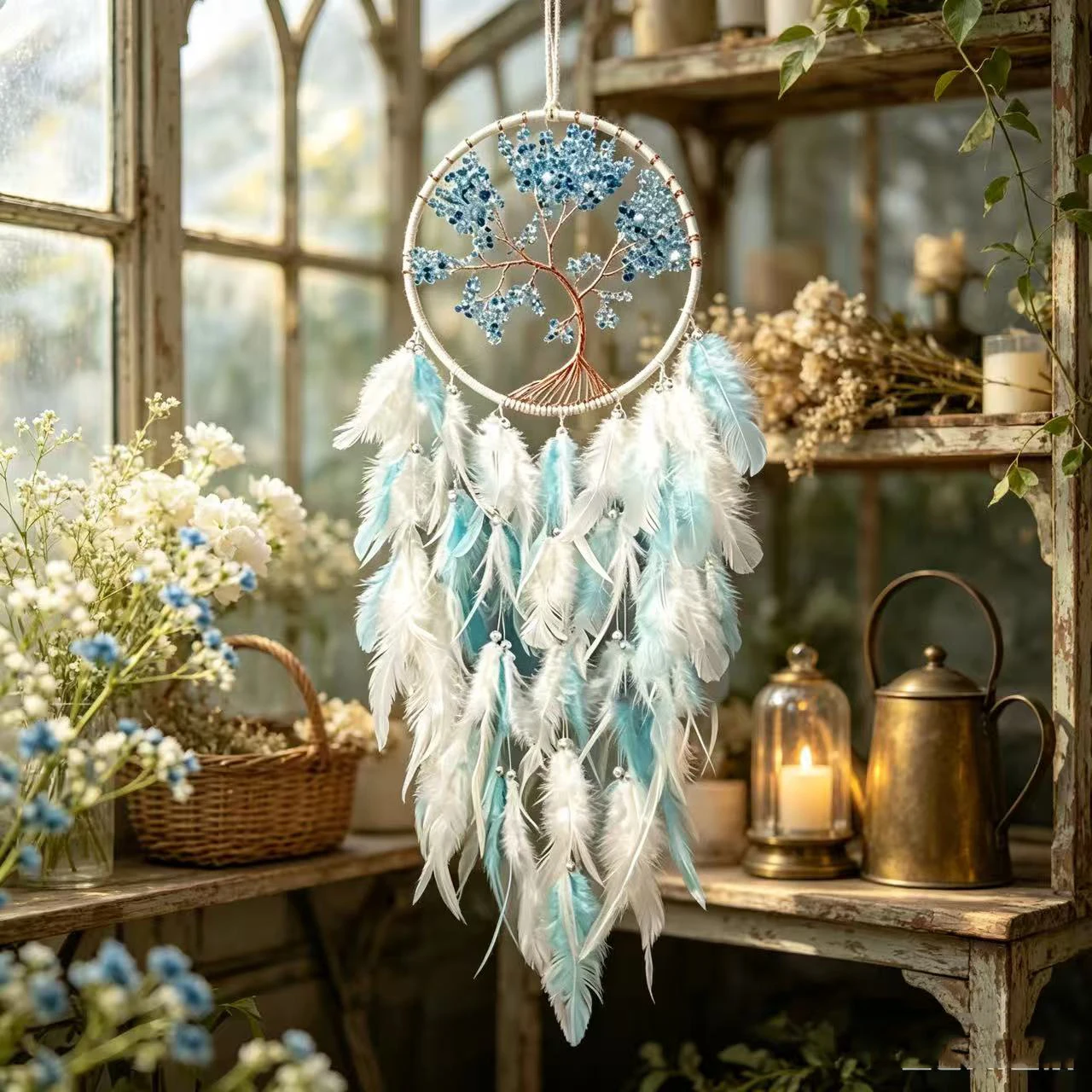 Handmade Ice Style Tree Of Life Dream Catcher Crystal Stone Wind Chime Ornaments Home Living Room Wall Hanging Nordic Gift Decor