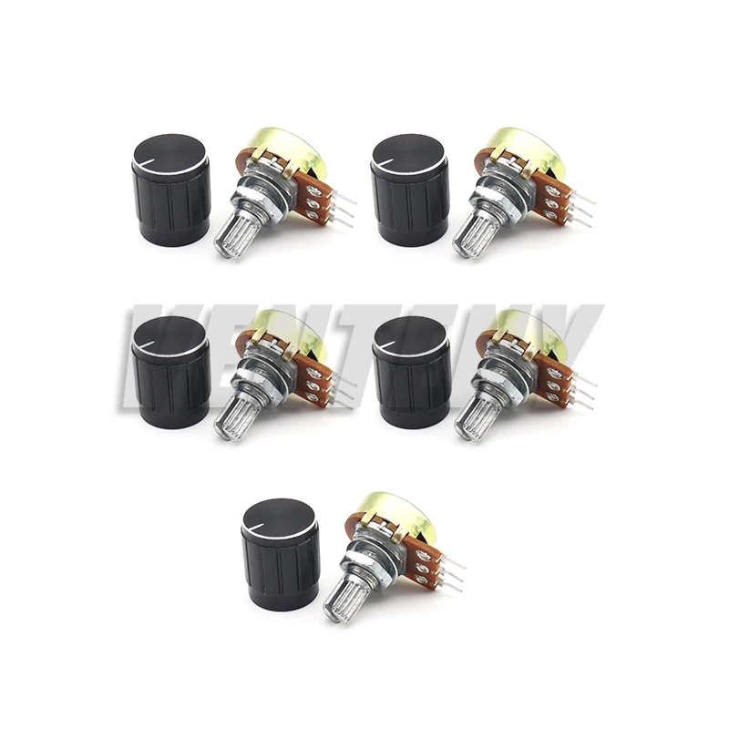 5 комплектов 15 мм 3-контактный линейный конический резистор поворотного потенциометра WH148 1K 2K 5K 10K 20K 50K 100K 250K 1M с комплектом черной алюминиевой ручки