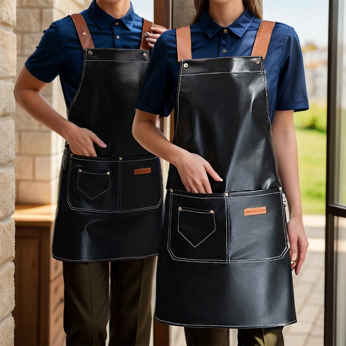 

1 piece adjustable PU artificial leather apron, with multi-pocket artificial leather apron, for home cooking and kitchen cleanin