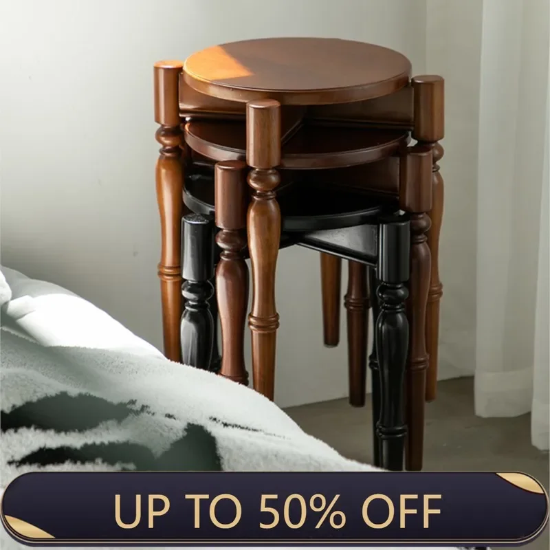 Solid Wood round Stool Stackable Designer's Creative Medieval Simplicity Space Saving Low Stool for Living Room