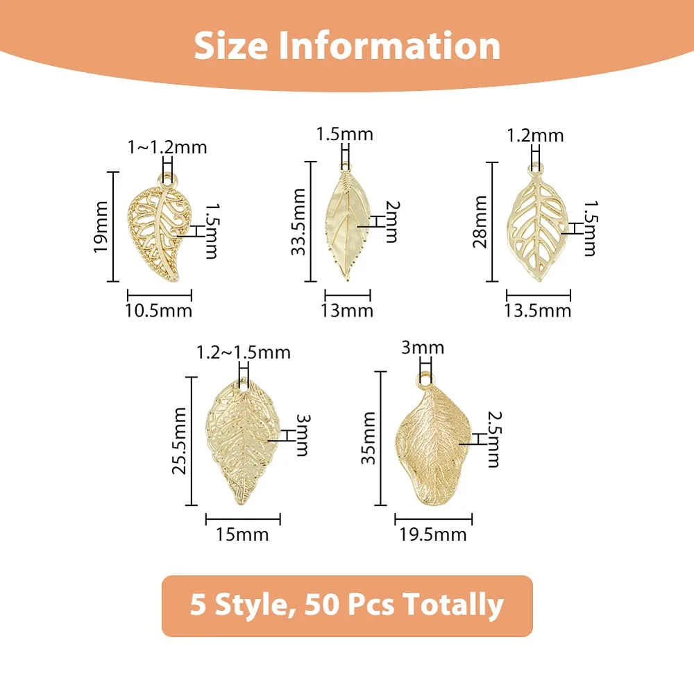 

50Pcs 5 Styles Rack Plating Alloy Pendants Leaf Charms Light Gold 19~35.5x10.5~15x1.5~3mm Hole: 1~3mm 10pcs/style