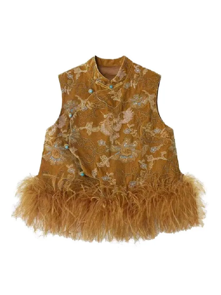 النمط الصيني الأنيق المرأة ستراند طوق سليم صالح الأزهار المطبوعة سترة أعلى ريشة تقسم السيدات الوقوف طوق صدرية خمر