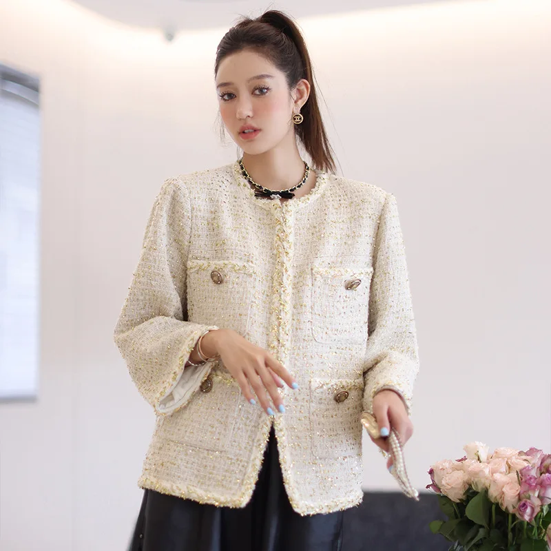 High Quality Women\'s Elegant Slim Fit Wool Jacket Tweed Inlaid Lurex Loose Long Sleeved Coat Blazer Vintage Outwear