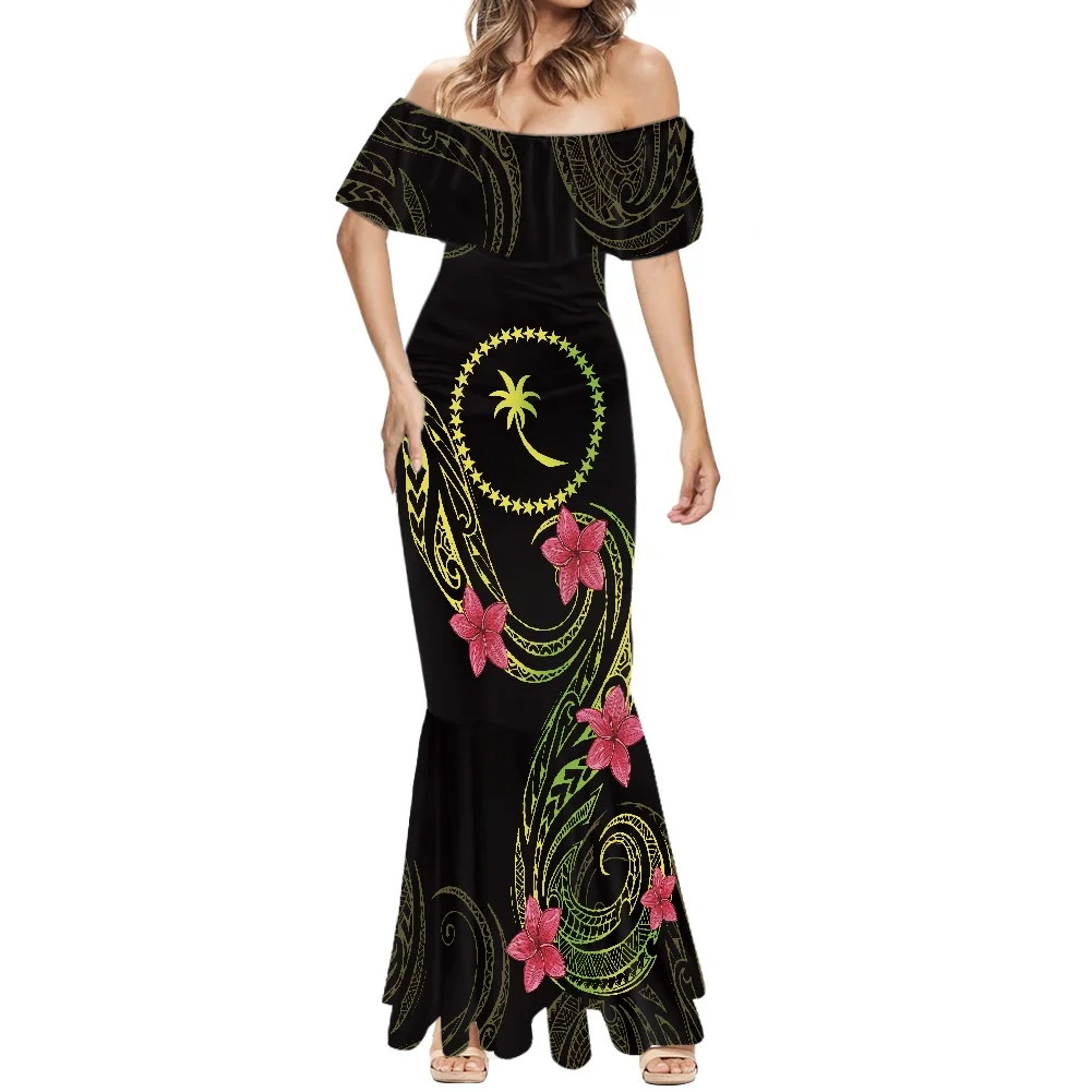 HYCOOL Polynesian Style Samoan Hawaiian Chuuk Island Women Trumpet Dress Logo Custom Print Ruffle Fishtail Dress Mermaid Dresses