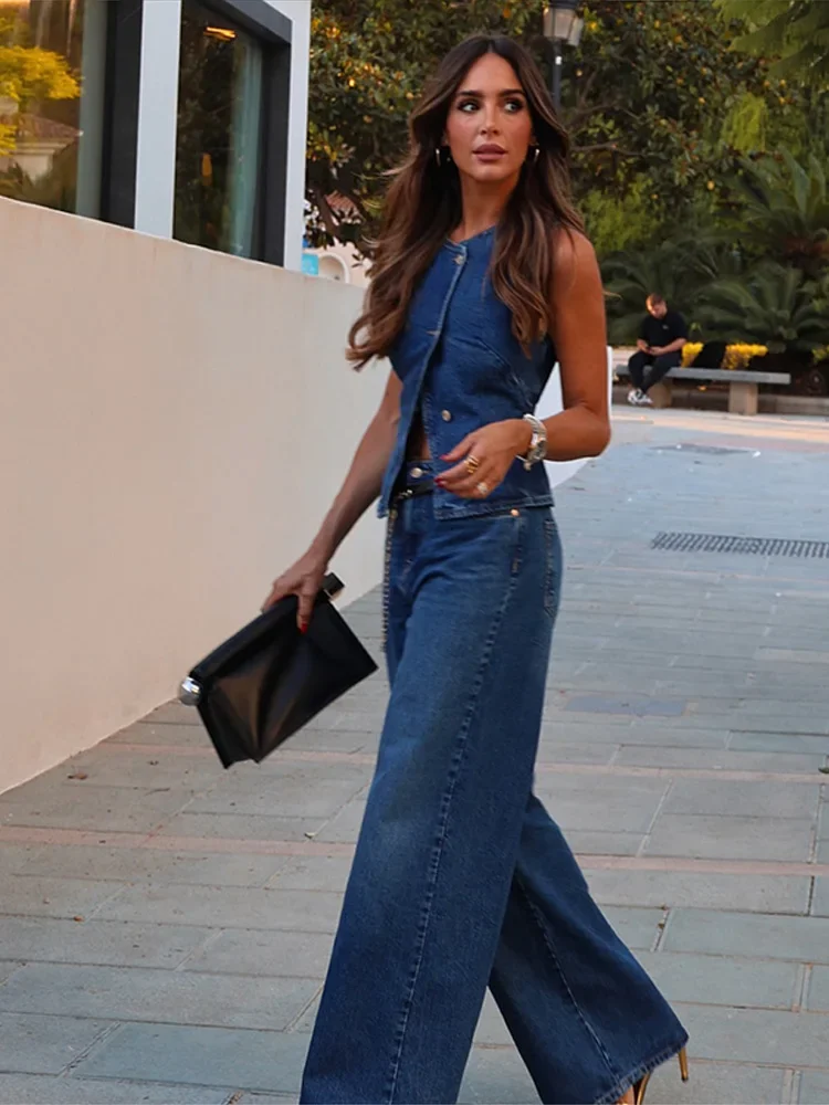 Cpsymym ternos femininos elegantes, jeans, sem mangas, irregular, colete curto, pernas largas, jeans longos, primavera verão, moda feminina, conjunto de calças