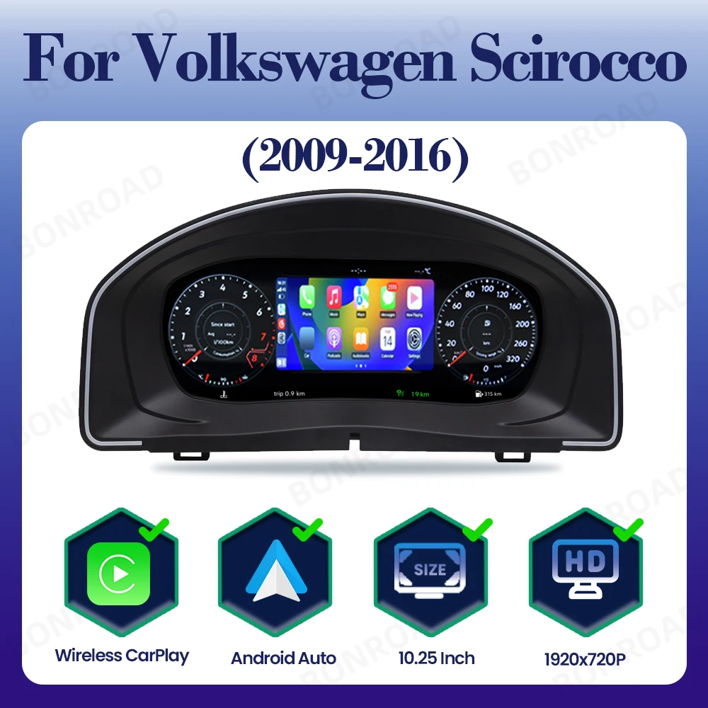 BONROAD LCD Digitaal CarPlay Android Auto Dashboard Radio Instrumentenpaneel voor VW Scirocco 2009-2016 Snelheidsmeter Cockpit