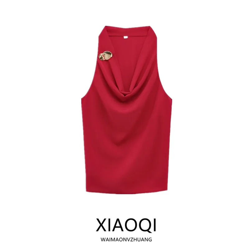 Spring 2025 Women's Casual Sleeveless Collarless Top Gold Embellished New Arrival Versatile Style Regular Length Other Material