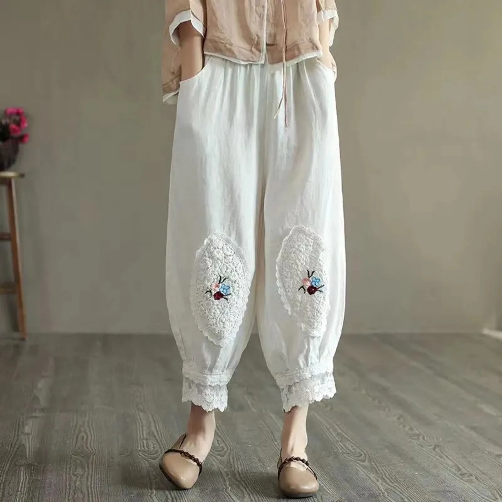 

Vintage Cotton Linen Pants for Women Boho Pockets Thin Embroidery Trousers Woman Casual High Waist Loose Harem Loose Pants