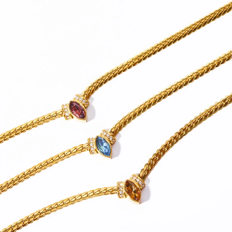 Colored Marquise eye stone necklaces stainless steel herringbone chain necklace for women minimalist dainty jewelry waterproof