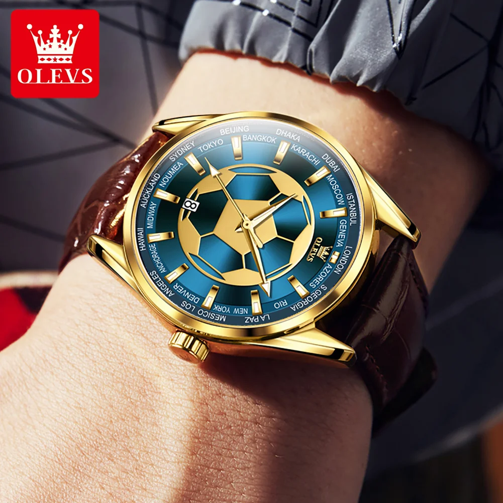 OLEVS Sports Soccer Dial Quartz Watch for Men Leather Waterproof Luminous Mens Watches Top Brand Luxury Wristwatch Relojes Hombr