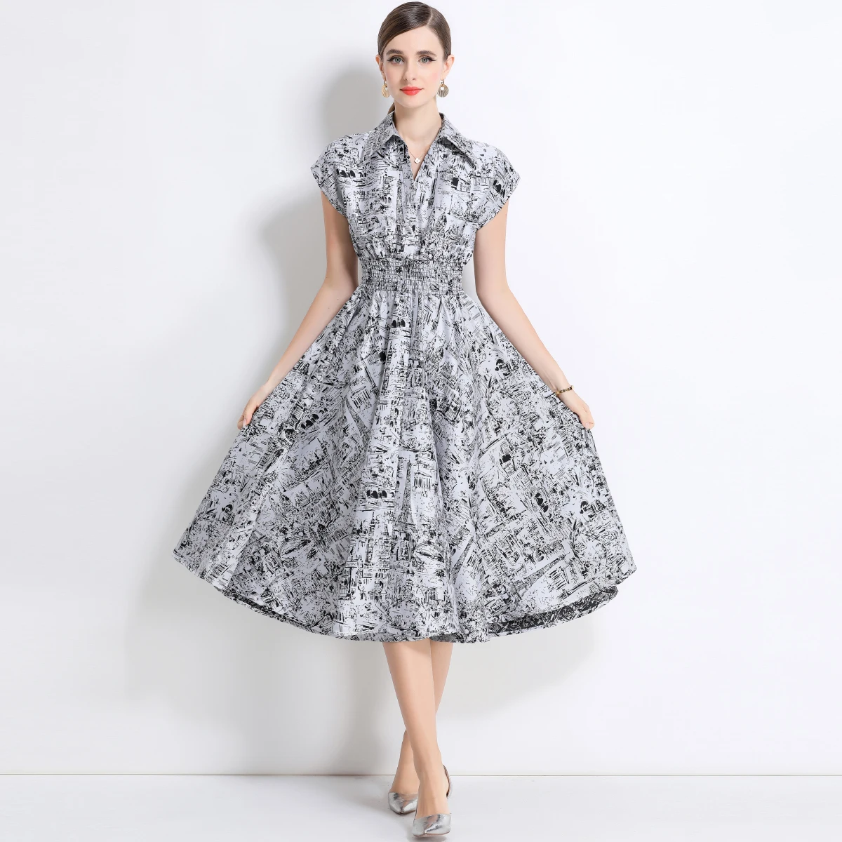 Modne sukienki damskie z krótkim rękawem i nadrukiem, sukienka damska z kołnierzykiem, dopasowana sukienka damska w kształcie litery A, Vestidos De Verano Mujer Q387