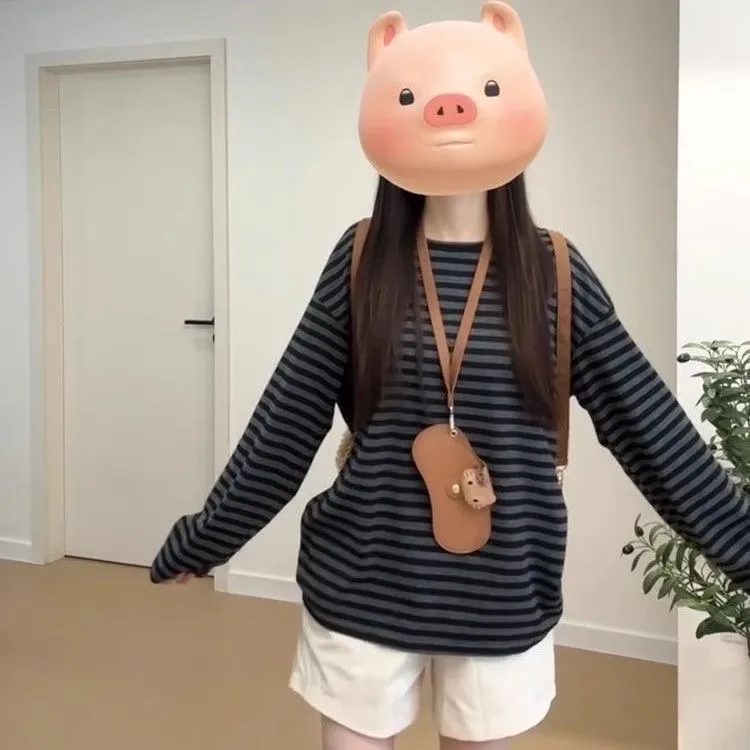 Outono Inverno Fce Forrado Cor Blo Listrado College Sle redondo Ne Long Sve Solto Preguiçoso Sensação Base Camada irt Mulheres...