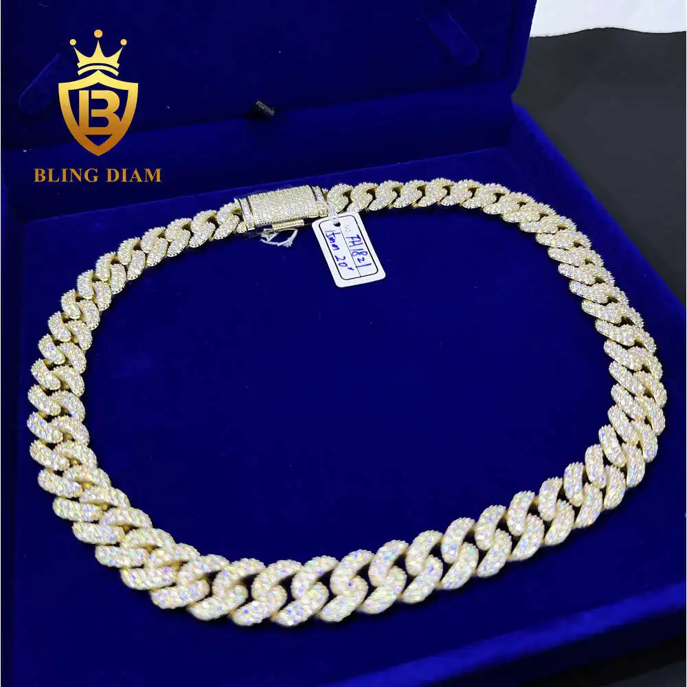 Luxury Factory Price 15mm Iced Out Miami Hip Hop Chain 10k Gold Plated Silver Vvs Moissanite Diamond Cuban Link Chain.