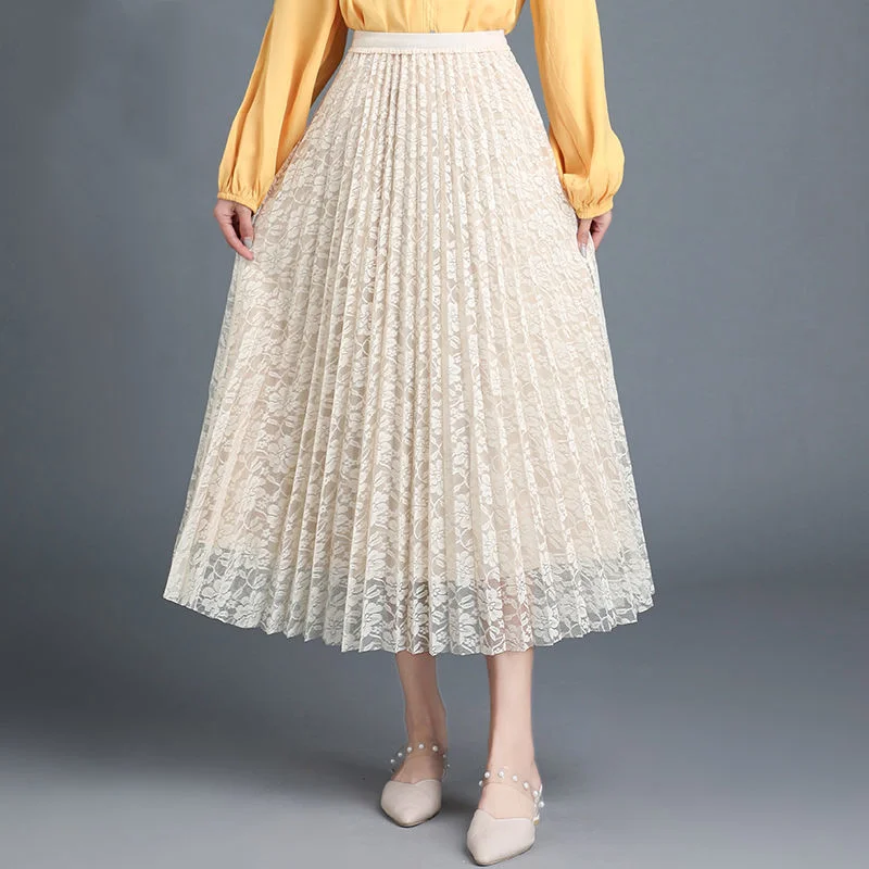 New Spring and Summer Women's Solid Color Splicing Lace High Waist Elastic Loose Pleated A-Line Fashion Casual Commuter Skirt