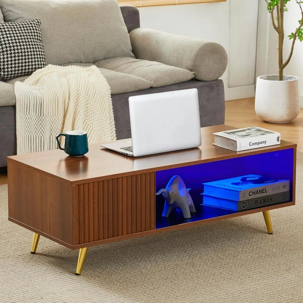 

41.3IN LED Walnut Coffee Tables for Living Room with 16 Colors LED Lights, Modern Minimalist Coffee Table with Fluted P