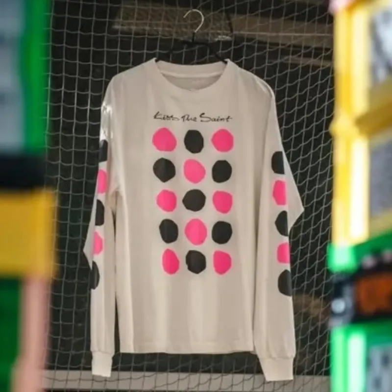 Pink Black Polka Dot Geometric Print Saint Long Sleeved T-shirt White Round Neck Top Men Women Casual Loose Streetwear