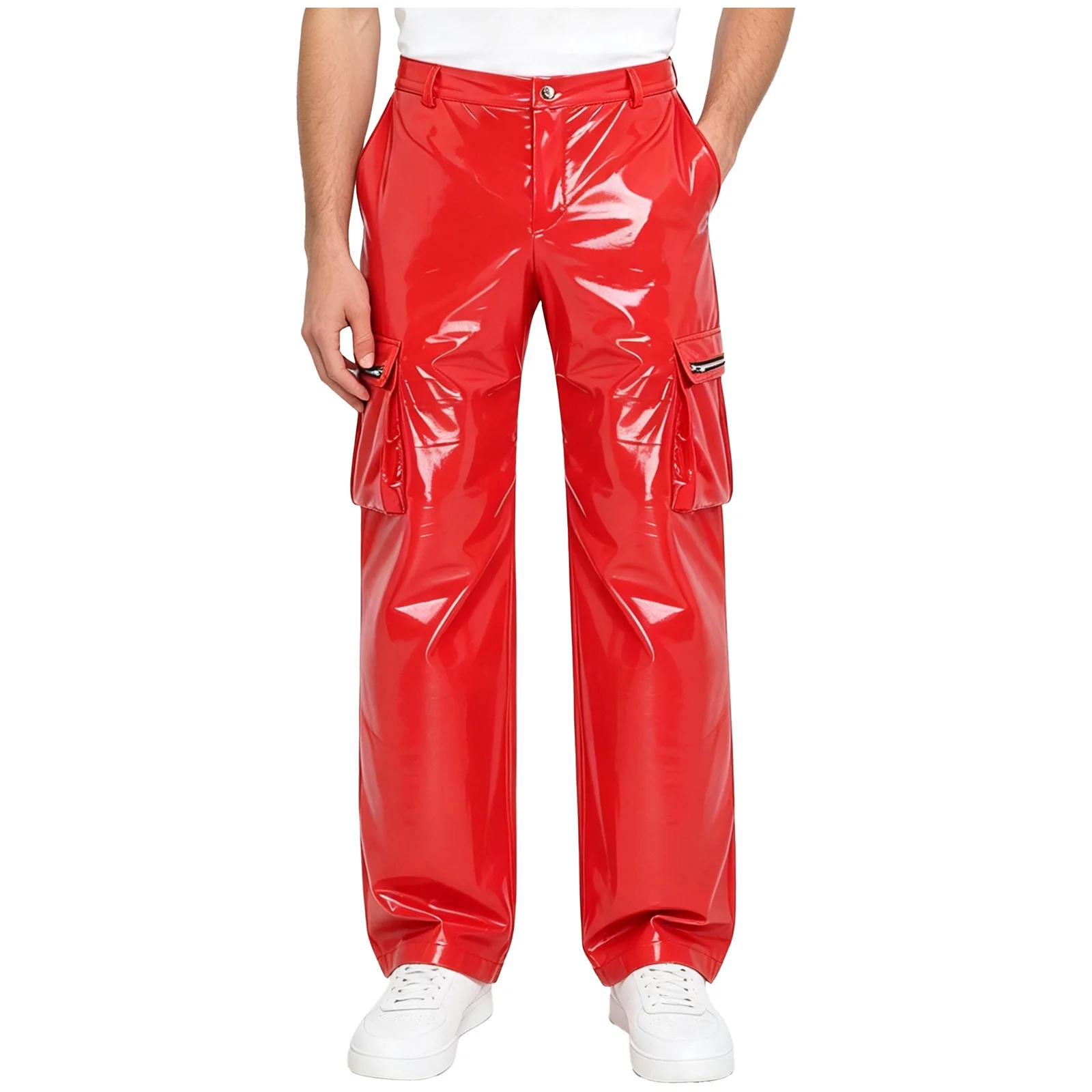 Mens Faux Leather Cargo Pants Wet Look Multi-Pockets Straight Leg Long Pants Y2K Punk PU Leather Trousers for Club Rave Party