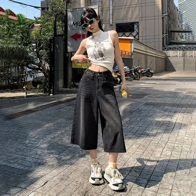 Summer American Style Vintage Women Baggy Jeans Y2k Loose Washed High Waist Knee Length Denim Pants Streetwear Wide Leg Shorts