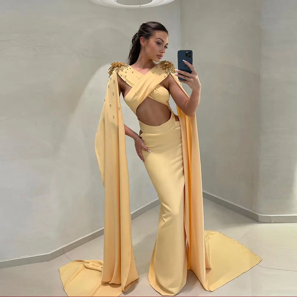 

Mermaid Prom Dress With Shawl Draped Crystal Beaded Applique Women's Sexy Party Gown Back Zipper Brush Train Evening Dresses