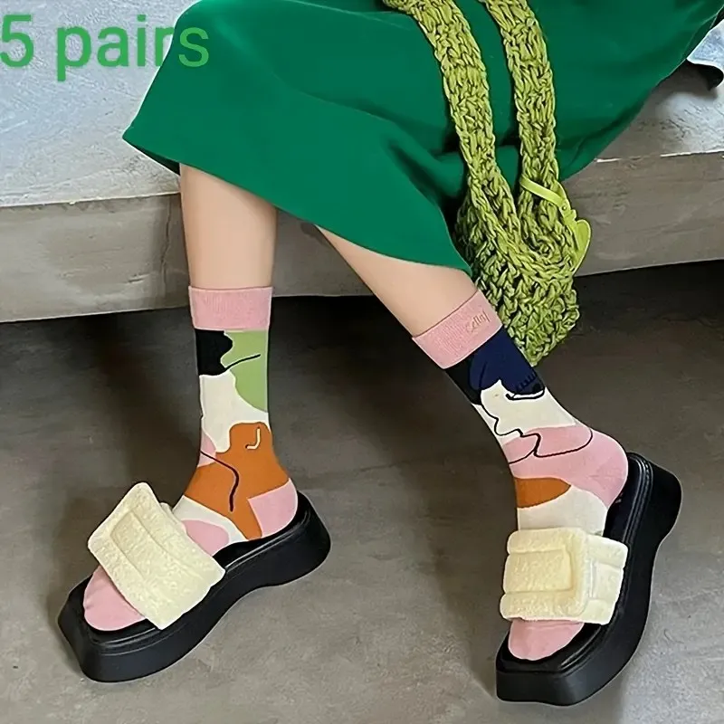 5 Pairs Elegant Cartoon Graffiti Women Tube Socks Fashionable Oil Painting Art Printing Soft Comfortable Breathable Casual Socks image 6