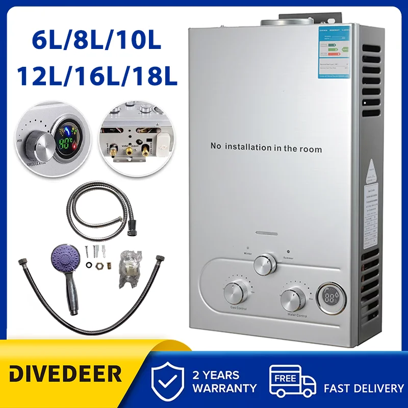 Calentador de agua caliente de Gas GLP DIVEDEER 6L/8L/10L/12L/16L/18L calentador de agua montado en la pared para electrodomésticos con Kit de ducha pantalla Digital